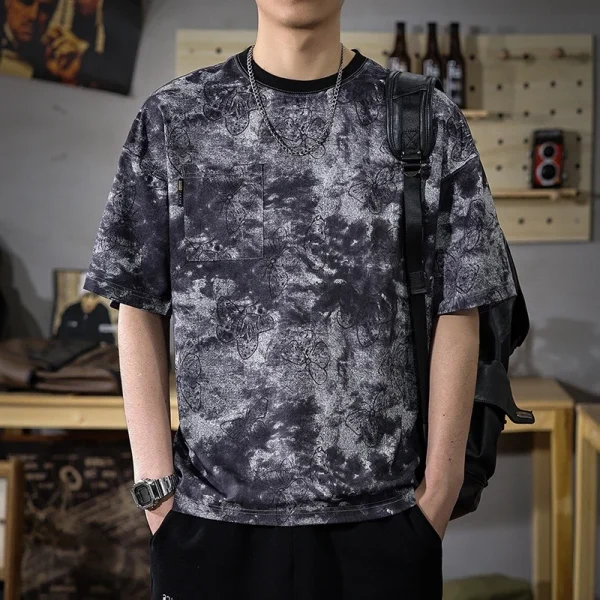 2025 Summer High-End Men's Printed T-Shirt 100% Cotton 220g Solid Loose Plus Size Half Sleeve Cool Feeling - Image 3