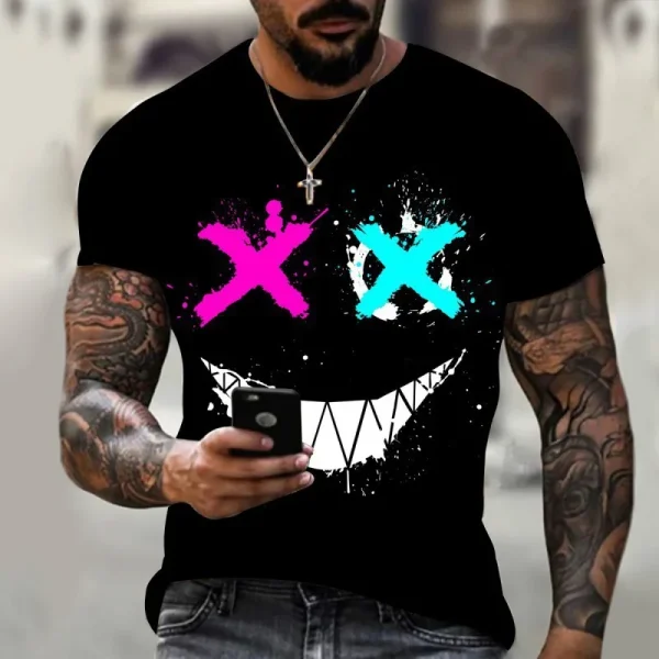 2025 Summer Men's Casual Street Fashion 3D Printed for Smiley Face Full Body 180 Grams Knitted Short Sleeve T-Shirt Loose Fit - Image 5