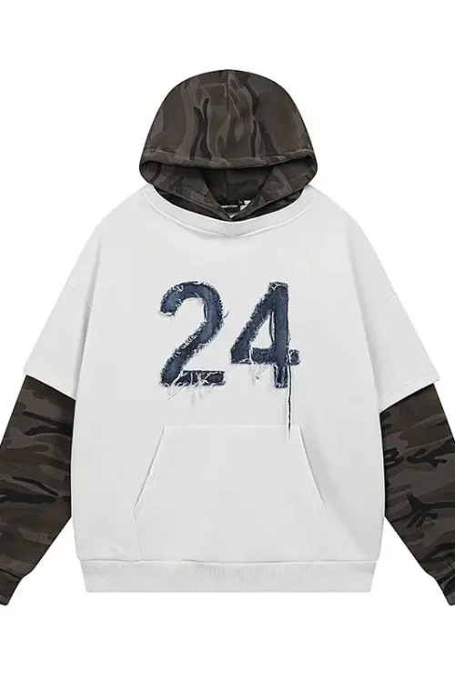 Autumn Winter Retro Style Two-Piece Spliced Camouflage Fleece Hoodies Embroidered Loose Pullover for Men Sweatshirts