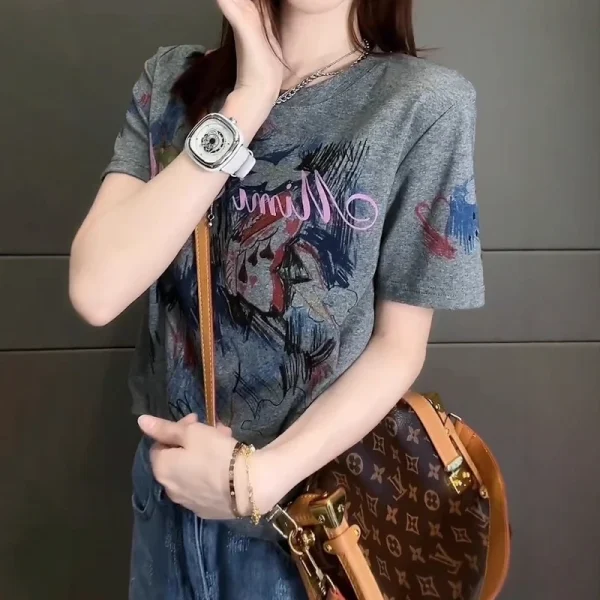 European-Style Summer Women's Cotton T-Shirt Plus-Size Flattering Casual Top Pattern Regular Shoulder Short-Sleeve Printed Top - Image 4