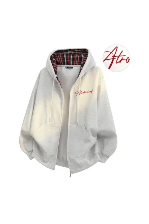 American Plaid Printed Cardigan Handwritten Letter Pattern Hooded Sweatshirt Jacket Zipper up Hoodie for Men