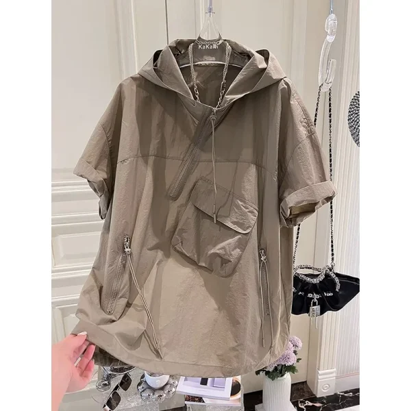 Stylish Men's Summer Half-Zip Hooded Cargo Short Sleeve T-Shirt High Street Trend Plus Size Thin Loose Fit Front - Image 2