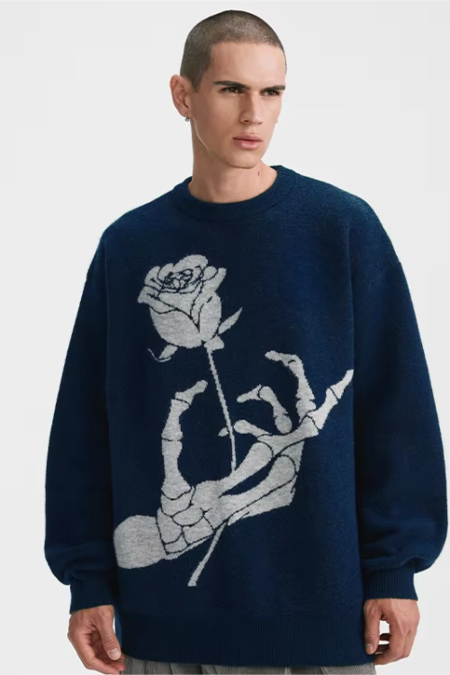 American Retro Print Wool Sweater for Men Women Rose Skull Design Loose Knitted Lazy Couple for Spring Fall Winter