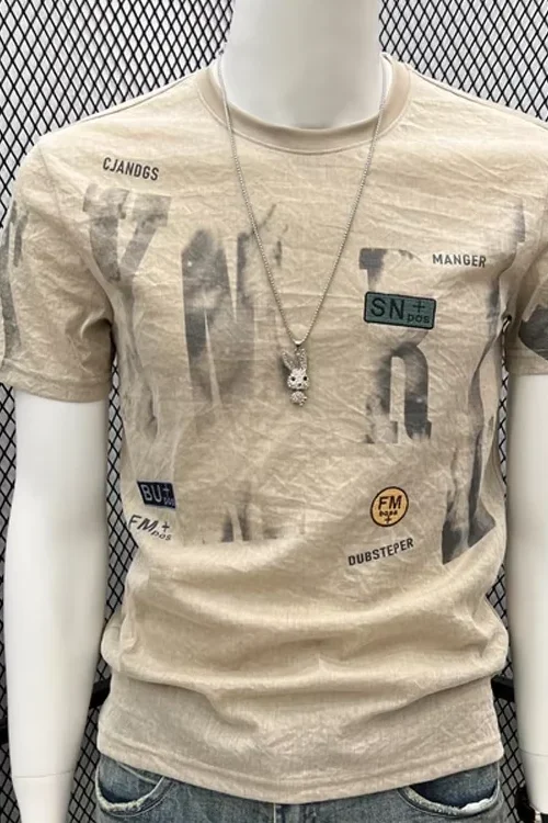 2025 Summer Men’s Short Sleeve T-Shirt New Ice Silk Cool American Retro High Street Printed Slim Fit Top Casual 100% Cotton