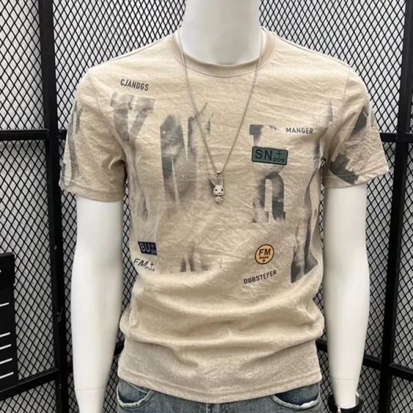 2025 Summer Men's Short Sleeve T-Shirt New Ice Silk Cool American Retro High Street Printed Slim Fit Top Casual 100% Cotton