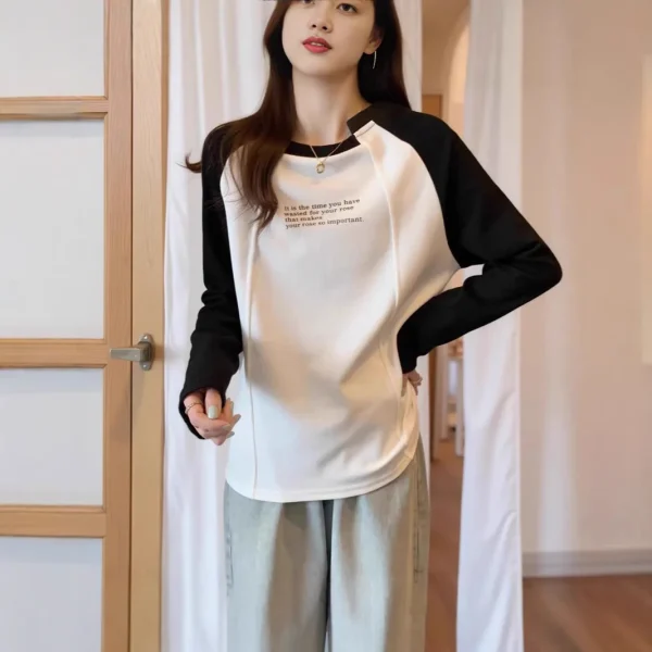 Women's Casual Spring Autumn  T-Shirt 100% Cotton Loose Fit Long Sleeve Irregular Collar Color Block Tee Shirts for Women - Image 3