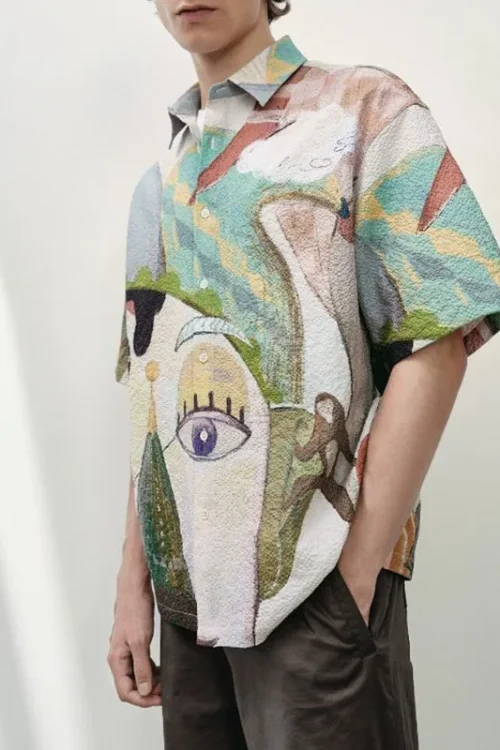 2025 Summer  Linen Shirt Men  Oversized  Artificial Printed Half Sleeve Shirts Plus Size Anti-Shrink Service Shirts for Men