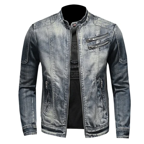 Men's Retro American Slim Stand Collar Denim Jacket with Zipper Casual Work Cycling Motorcycle Riding Featuring Jeans Jacket - Image 5