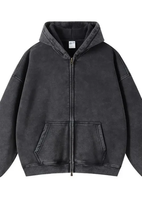 Autumn Men’s 100% Cotton Cardigan Sweater Loose Distressed Hoodie with Zipper American European Oversize Design Solid Pattern