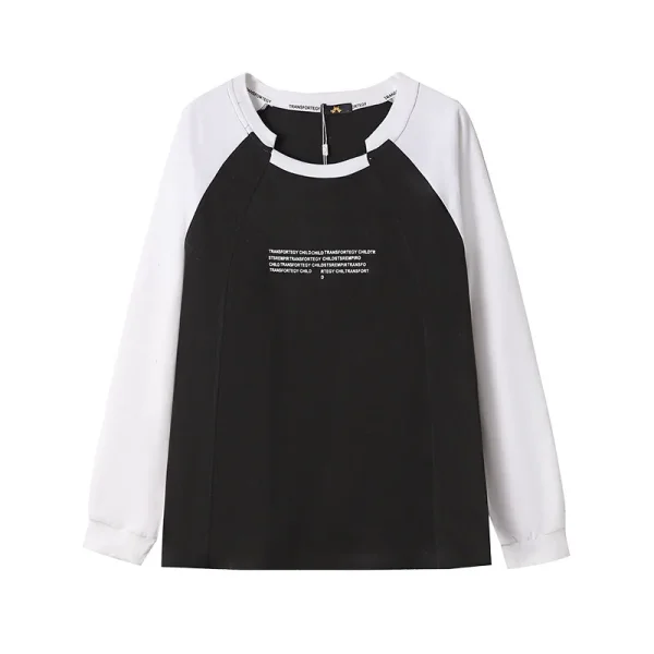 Women's Casual Spring Autumn  T-Shirt 100% Cotton Loose Fit Long Sleeve Irregular Collar Color Block Tee Shirts for Women - Image 2