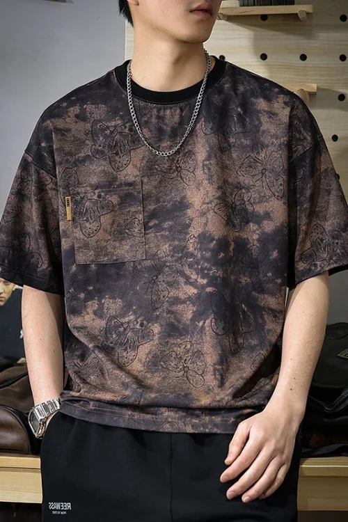 2025 Summer High-End Men’s Printed T-Shirt 100% Cotton 220g Solid Loose Plus Size Half Sleeve Cool Feeling