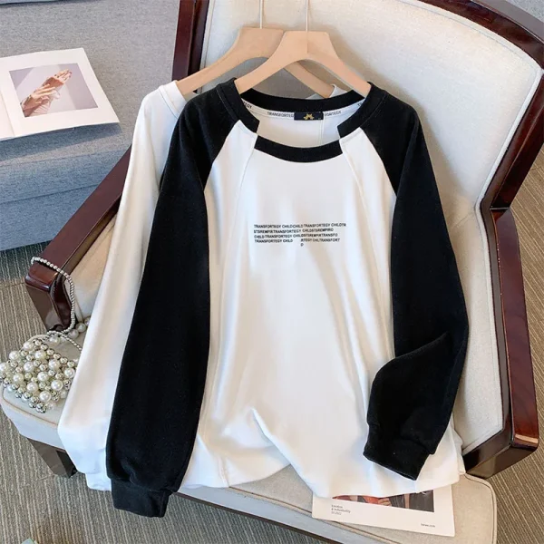 Women's Casual Spring Autumn  T-Shirt 100% Cotton Loose Fit Long Sleeve Irregular Collar Color Block Tee Shirts for Women - Image 4