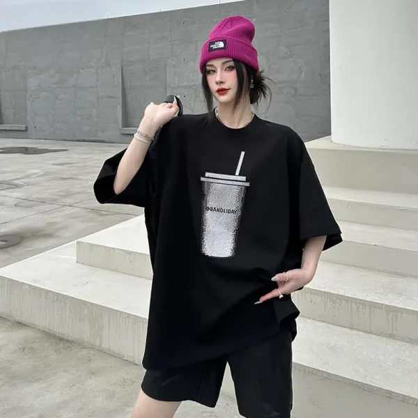 European-Style Summer Cotton T-Shirt for Women Plus-Size  Casual Loose Fit Top with Regular Shoulder Short-Sleeve Printed Top - Image 2