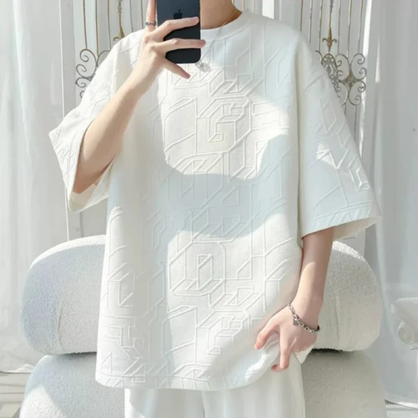 High Jacquard T-Shirt for Men American Style Summer Trendy Fashion Short Sleeve Textured Half Sleeve Loose Fit 240 Gram - Image 6