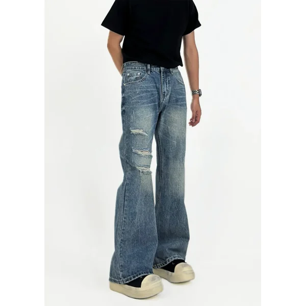 Men's Casual Jeans Pants Top Handmade American Retro Distressed Flared Jeans Loose Straight Versatile for Autumn Denim - Image 5
