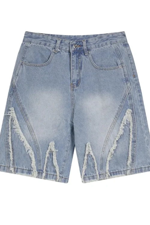 Vintage Washed Denim Shorts for Men American European Style Mid Waist Straight Weave with Button Decoration for Summer
