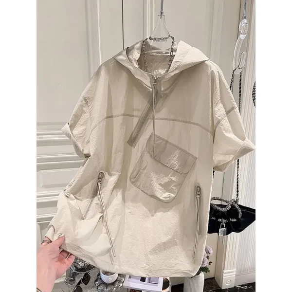 Stylish Men's Summer Half-Zip Hooded Cargo Short Sleeve T-Shirt High Street Trend Plus Size Thin Loose Fit Front - Image 3